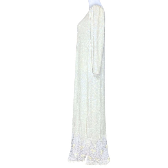Vintage 100% Silk Ivory 70s 80s Fully Beaded Sequin Long Sleeve Dress - Picture 7 of 15